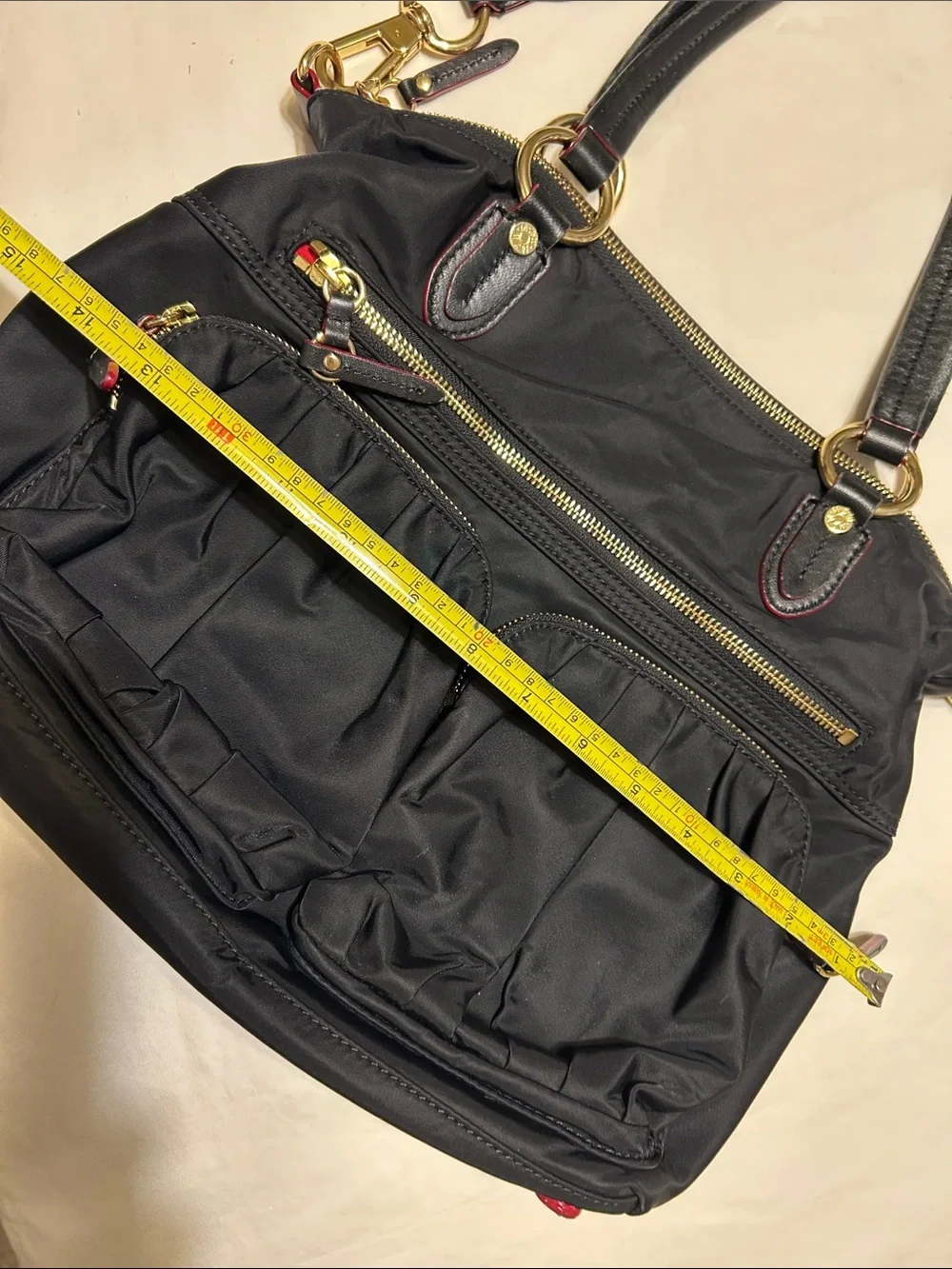 MZ Wallace Black Nylon Satchel with Gold Hardware and Red Trim